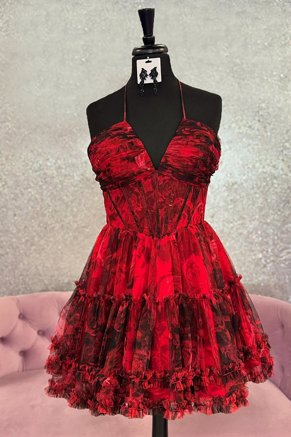 Red Floral Halter Short Corset Homecoming Dress with Ruffles