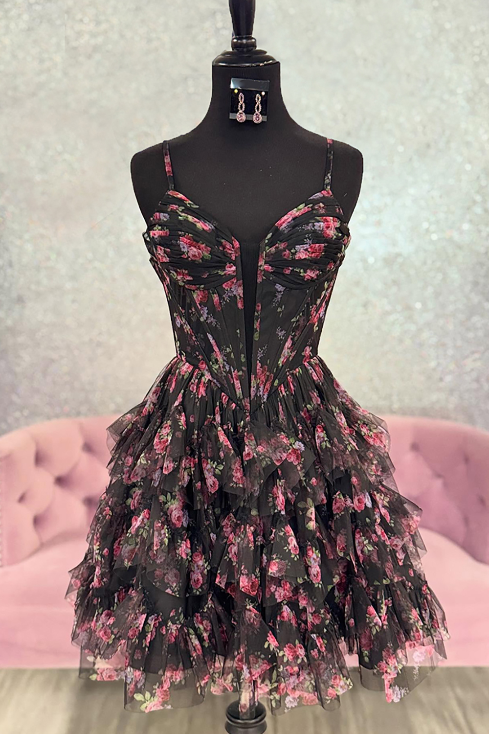 Black Floral A Line Ruffled Short Corset Homecoming Dress