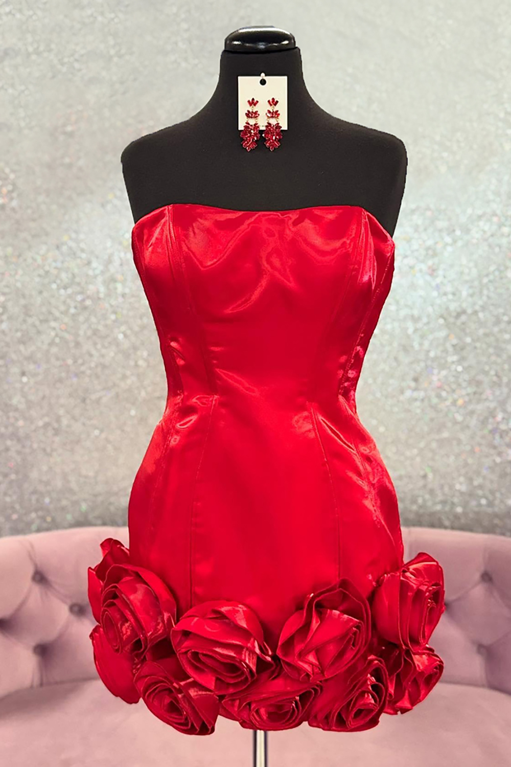 Red Satin Strapless Short Tight Homecoming Dress with 3D Flowers