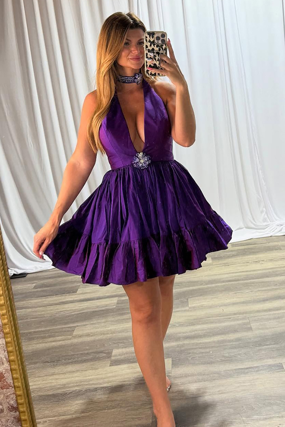 Sparkly Grape Halter Ruffled Short Homecoming Dress with Rhinestone