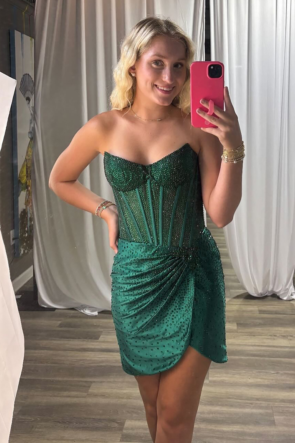 Sparkly Gold Tight Ruched Short Corset Homecoming Dress with Beading