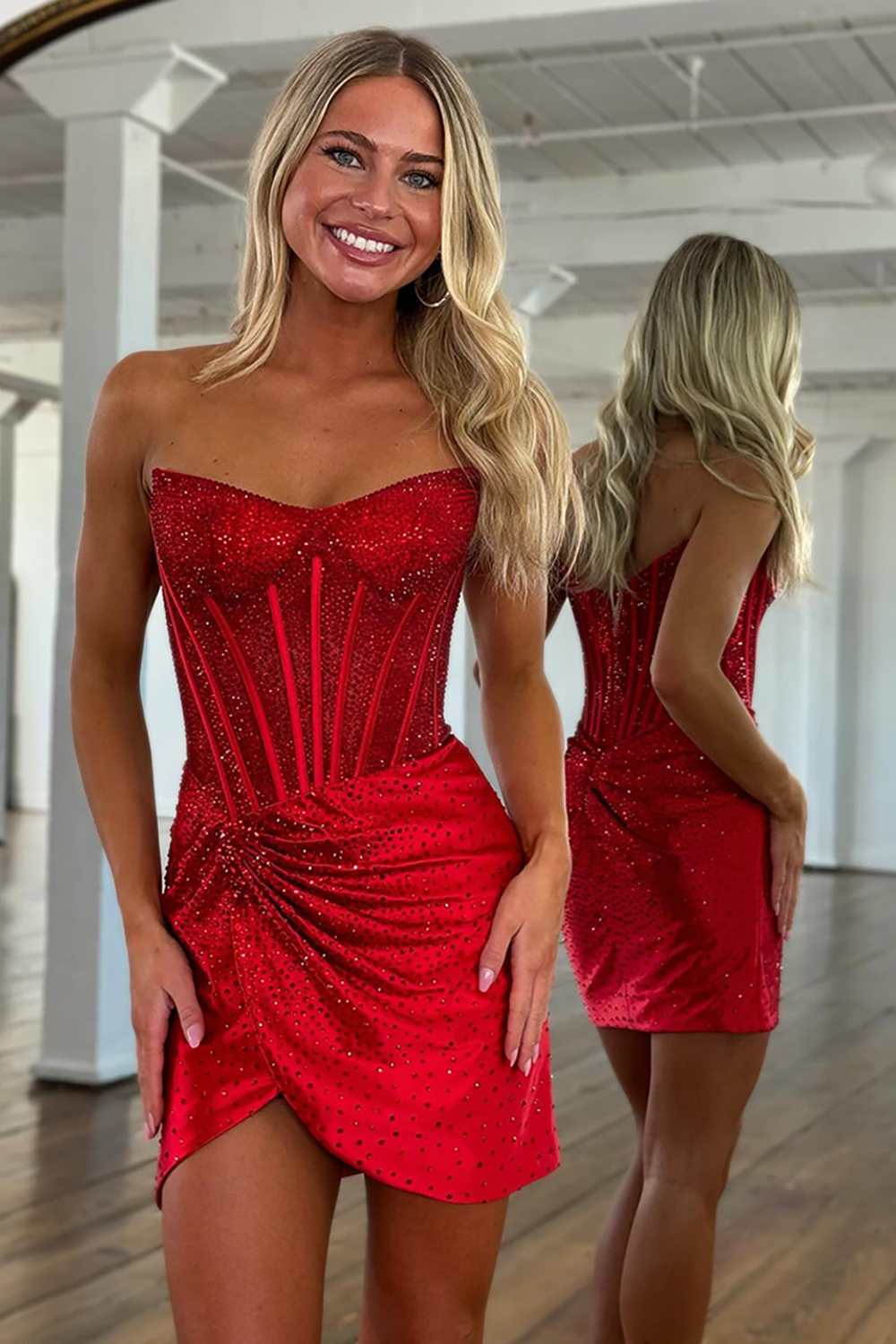Homrain Women Sparkly Tight Homecoming Short Sherri Hill Strapless Corset Dress Ruched Beaded Red Hoco Dress