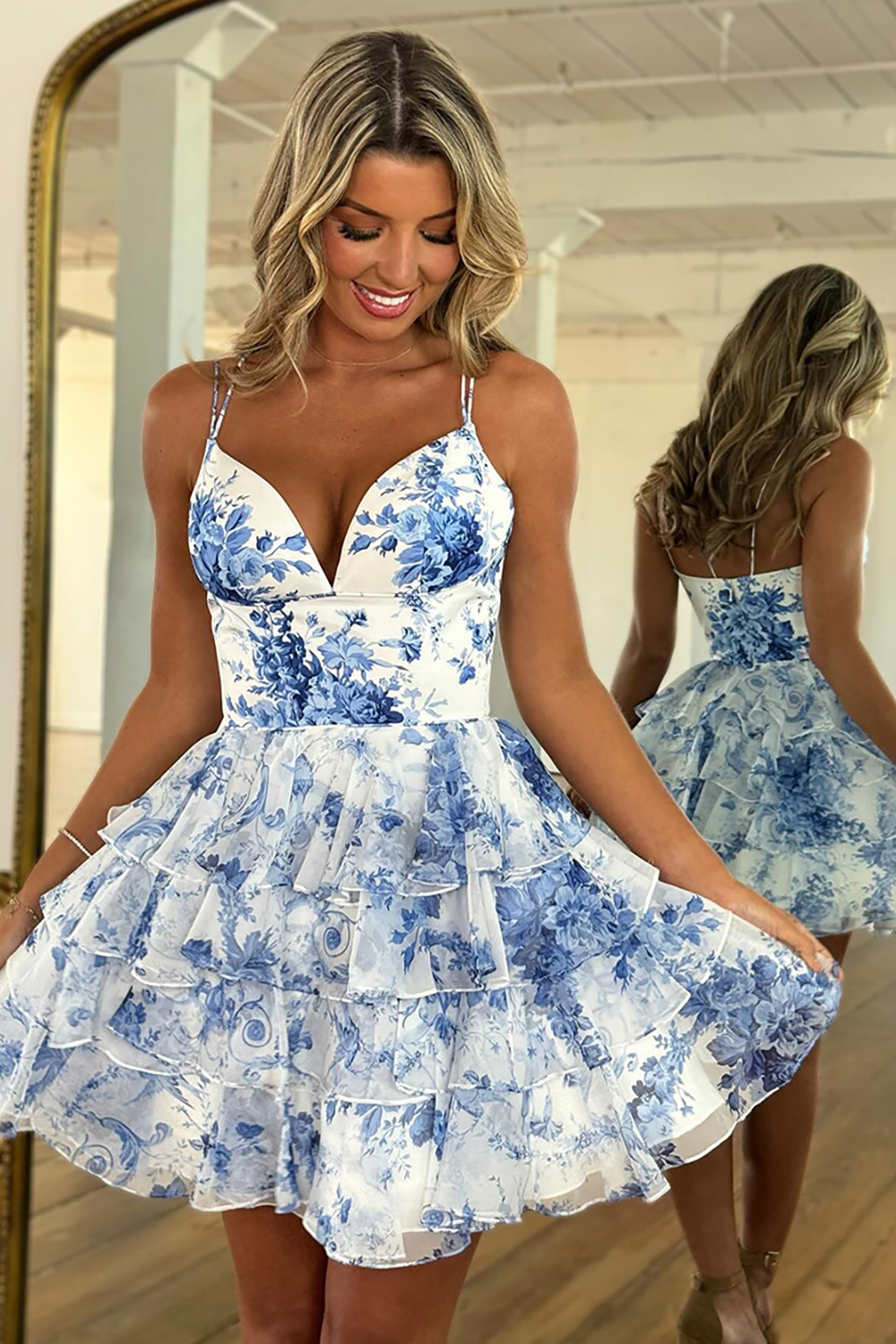 Blue Floral Ruffled Tiered Spaghetti Straps Short Homecoming Dress