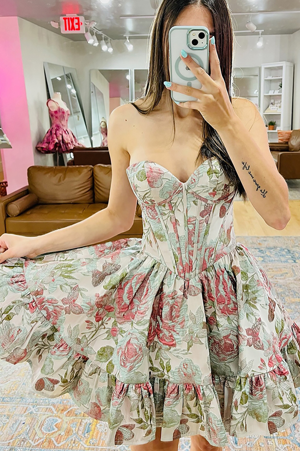Blush Floral Ruffled A Line Short Corset Homecoming Dress