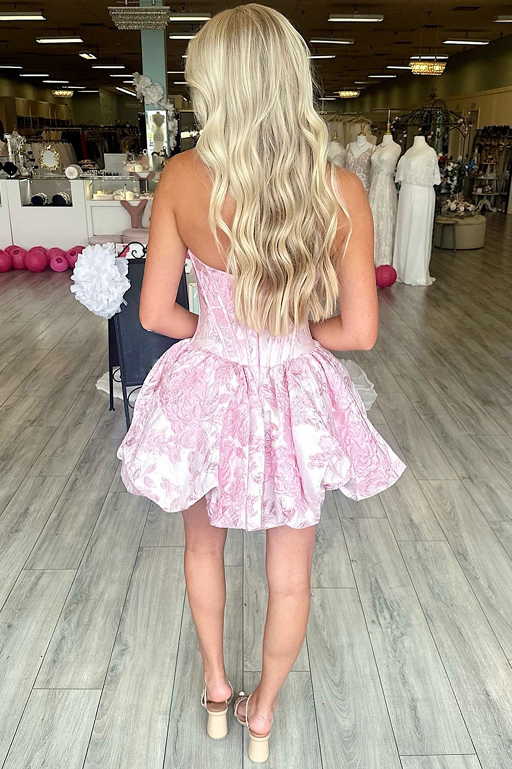 Fuchsia Floral A Line Strapless Short Corset Homecoming Dress