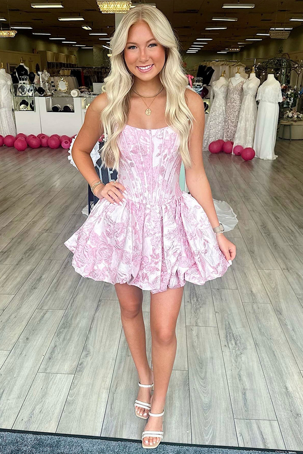 Fuchsia Floral A Line Strapless Short Corset Homecoming Dress