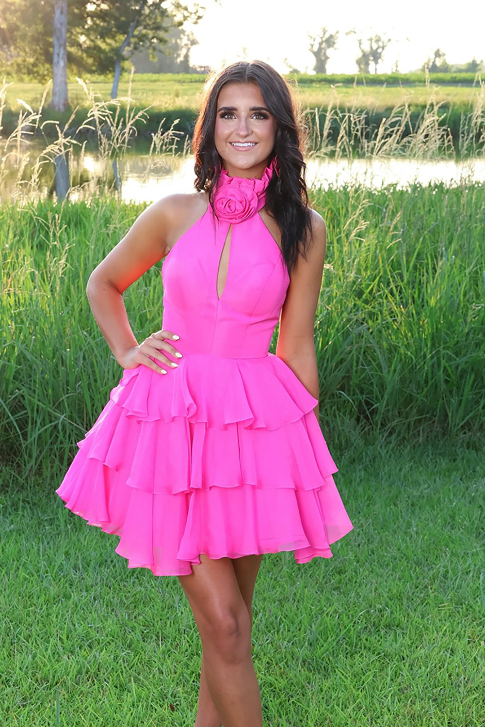 Black Floral High Neck Short Homecoming Dress with Ruffles