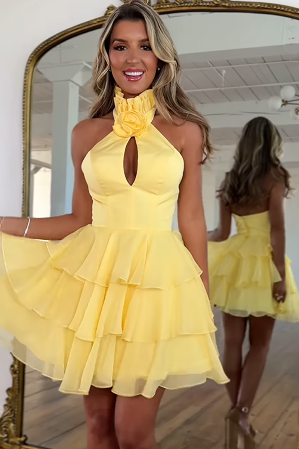 Black Floral High Neck Short Homecoming Dress with Ruffles