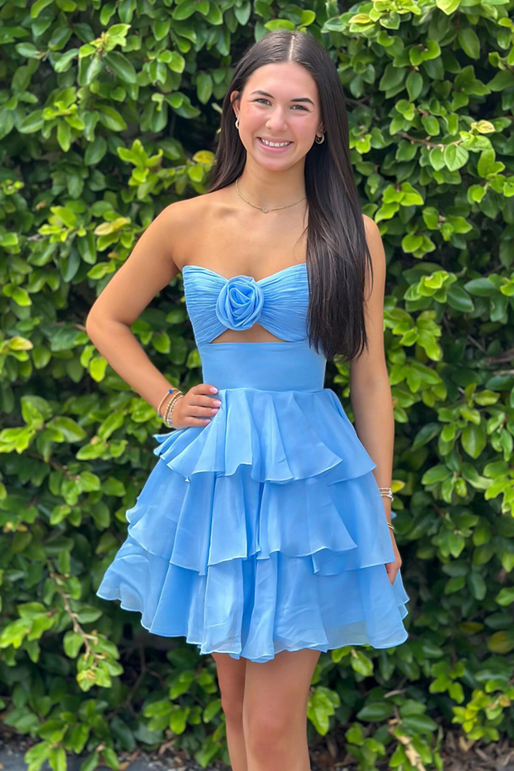 Green Floral Tiered Ruffled A Line Short Homecoming Dress