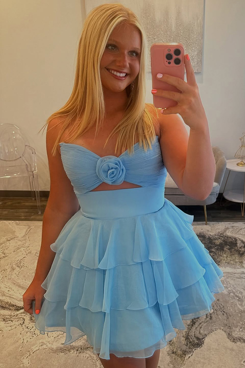 Green Floral Tiered Ruffled A Line Short Homecoming Dress