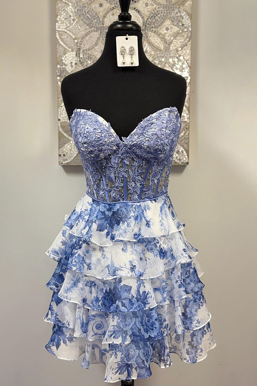 Blue and White Floral Ruffled Tiered A Line Short Homecoming Dress with Lace