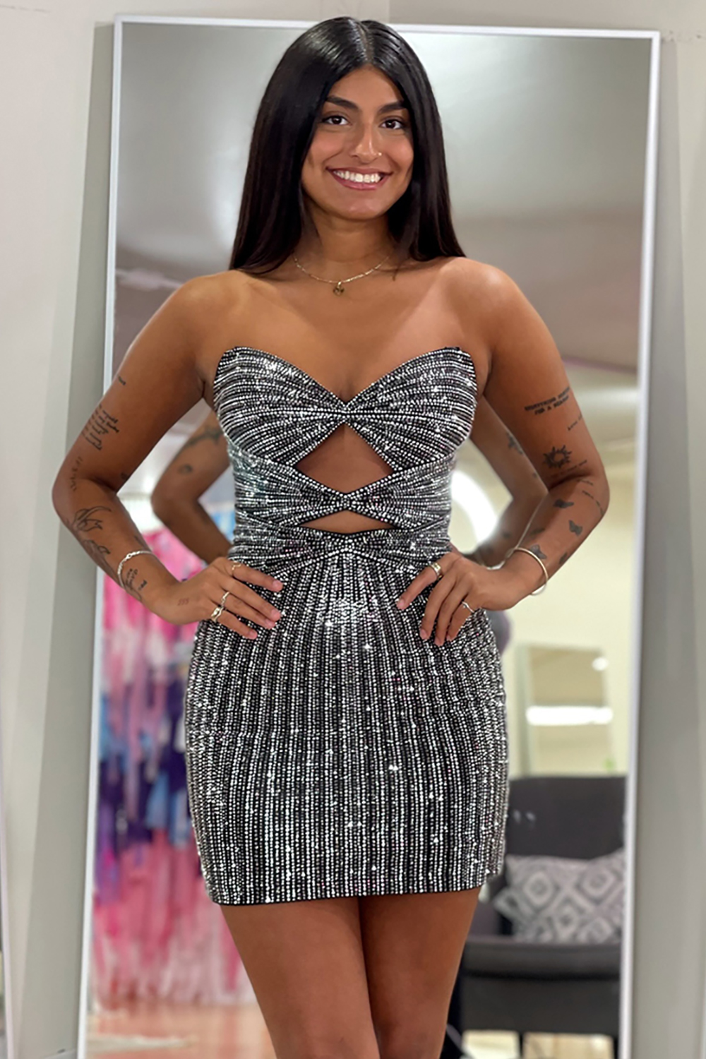 Sparkly Black Tight Cut Out Short Homecoming Dress with Beading