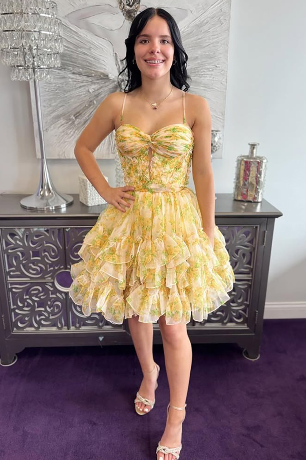 Yellow Floral Ruffled Tiered A Line Short Corset Homecoming Dress