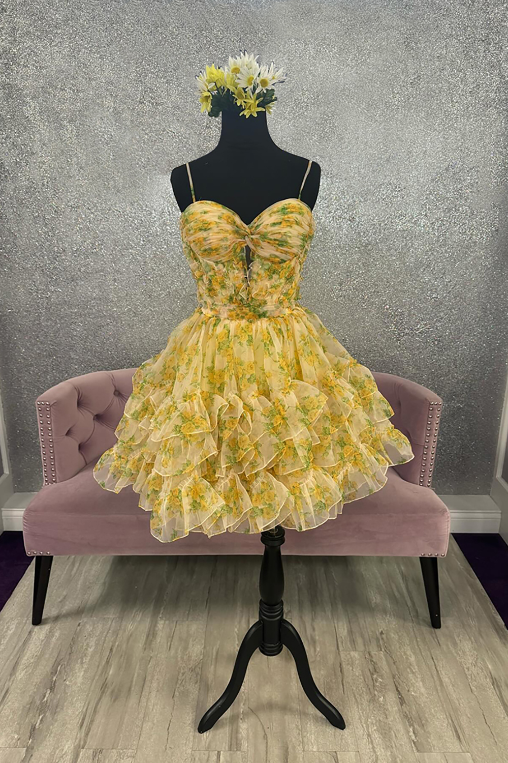 Homrain Women Sparkly Yellow Floral Short Corset Homecoming Dress Ruffled Tiered A Line Spaghetti Straps Hoco Dress with Keyhole
