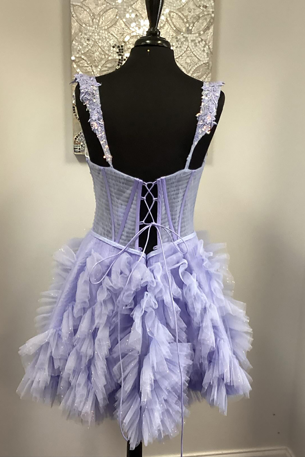 Sparkly Lilac Tulle Ruffled Appliqued Short Corset Homecoming Dress