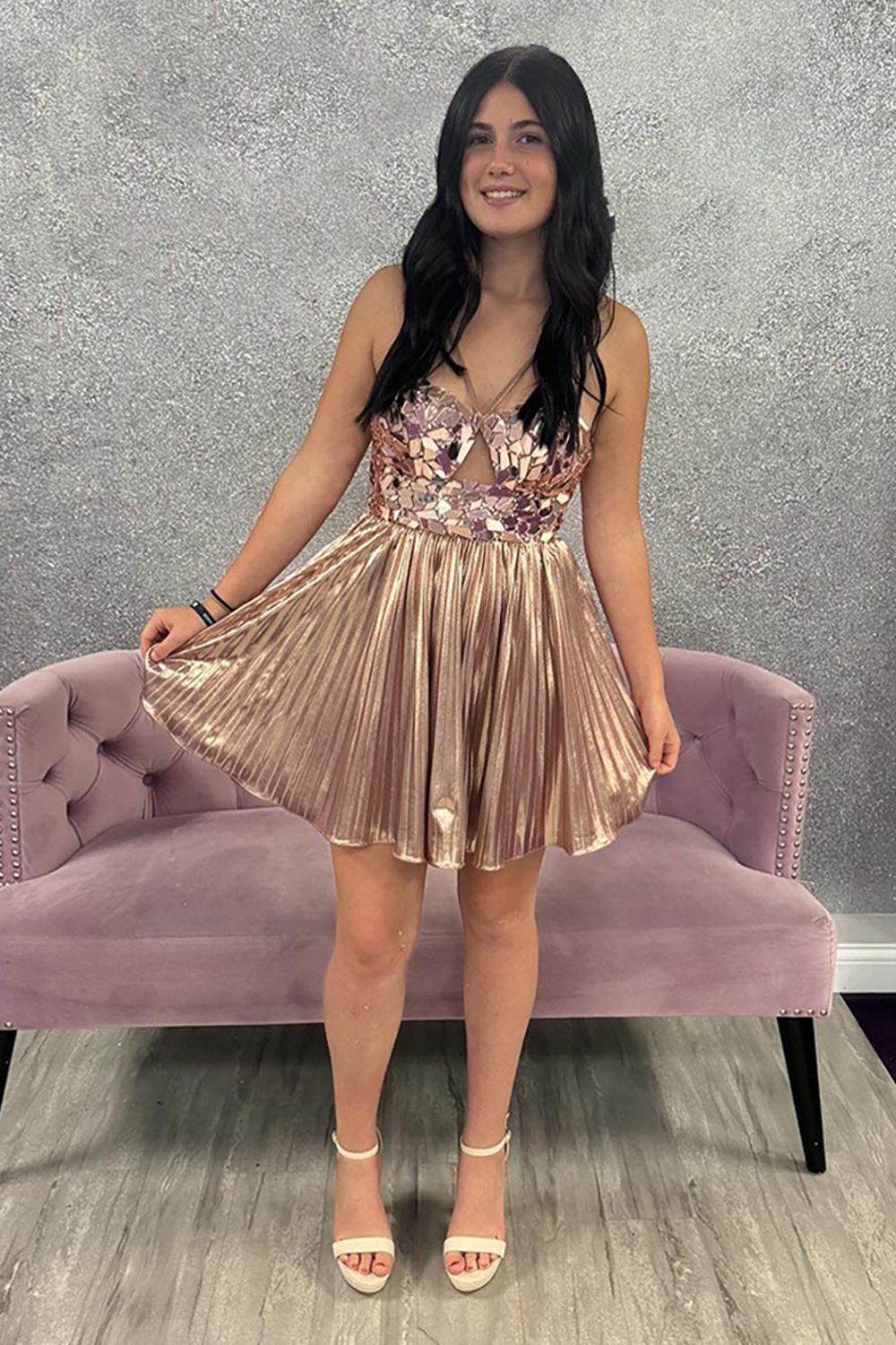 Sparkly Blush Mirror Metallic A Line Short Homecoming Dress