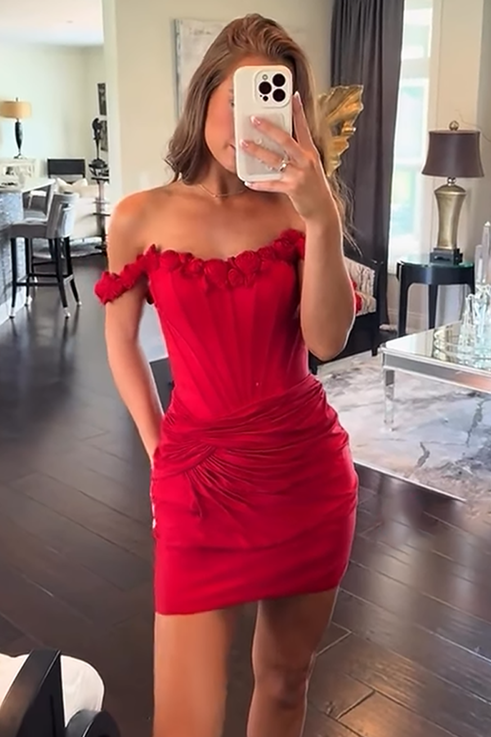 Red Floral Tight Ruched Short Corset Homecoming Dress