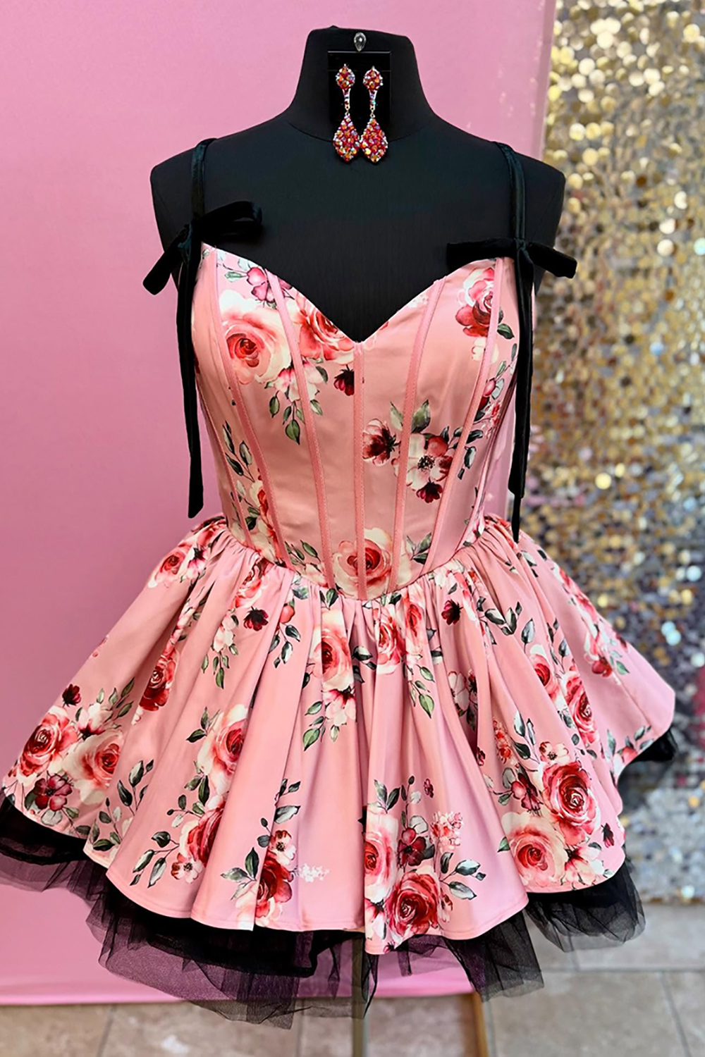Pink Floral Printed A Line Short Corset Homecoming Dress with Bow