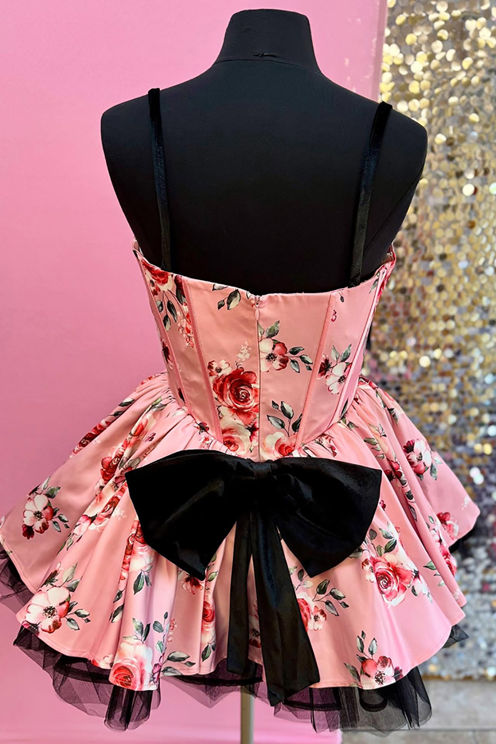 Pink Floral Printed A Line Short Corset Homecoming Dress with Bow