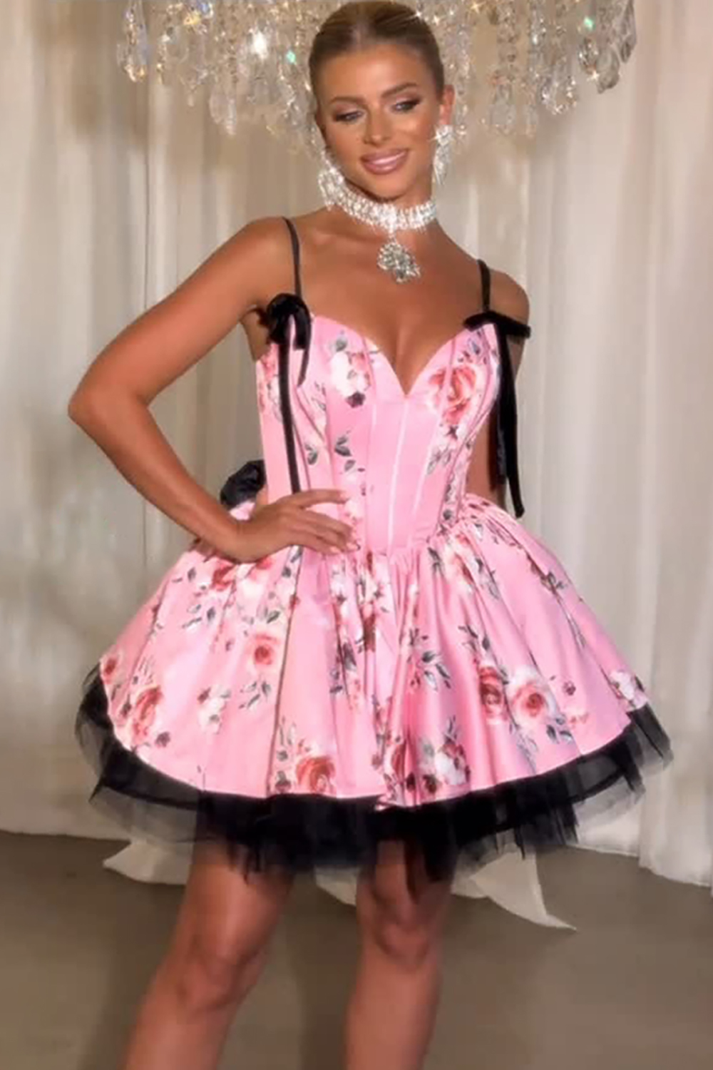 Pink Floral Printed A Line Short Corset Homecoming Dress with Bow