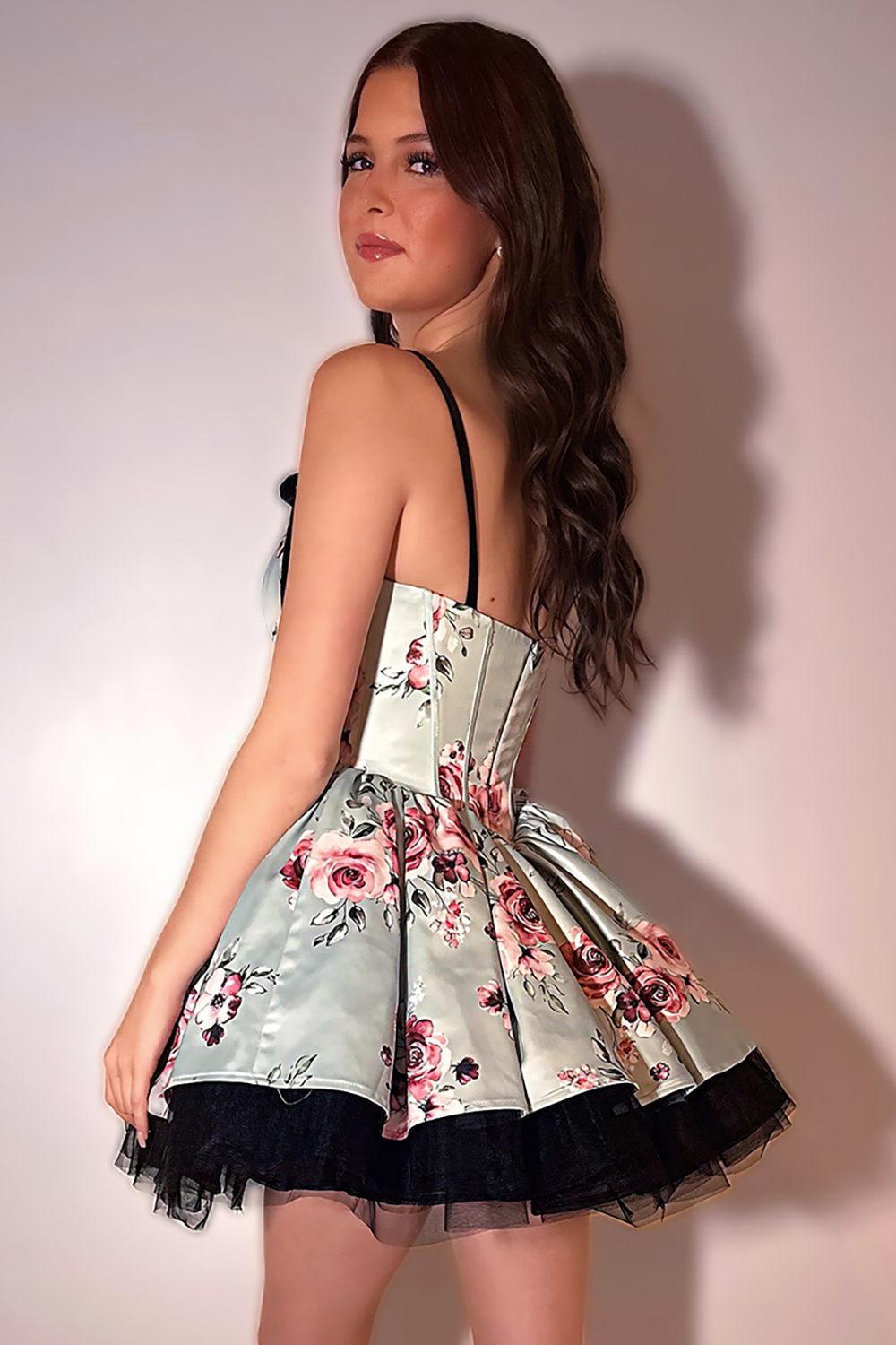 Pink Floral Printed A Line Short Corset Homecoming Dress with Bow