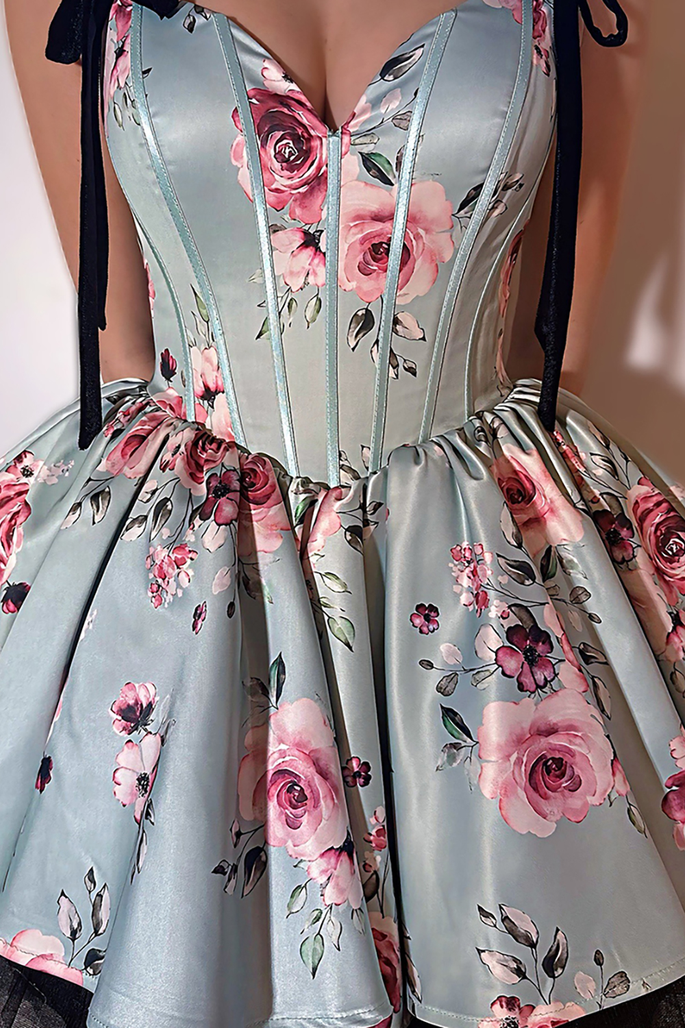 Pink Floral Printed A Line Short Corset Homecoming Dress with Bow