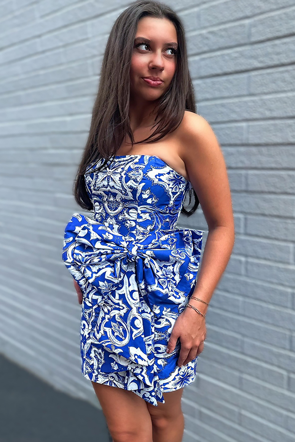 Blue Printed Tight Strapless Short Homecoming Dress with Bow