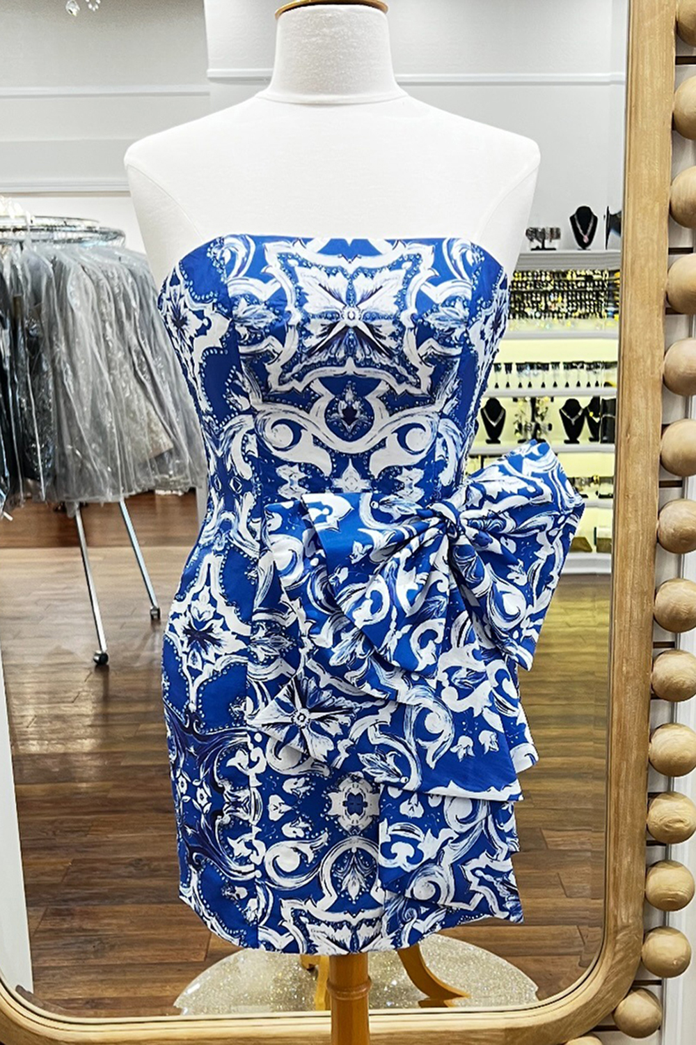 Blue Printed Tight Strapless Short Homecoming Dress with Bow