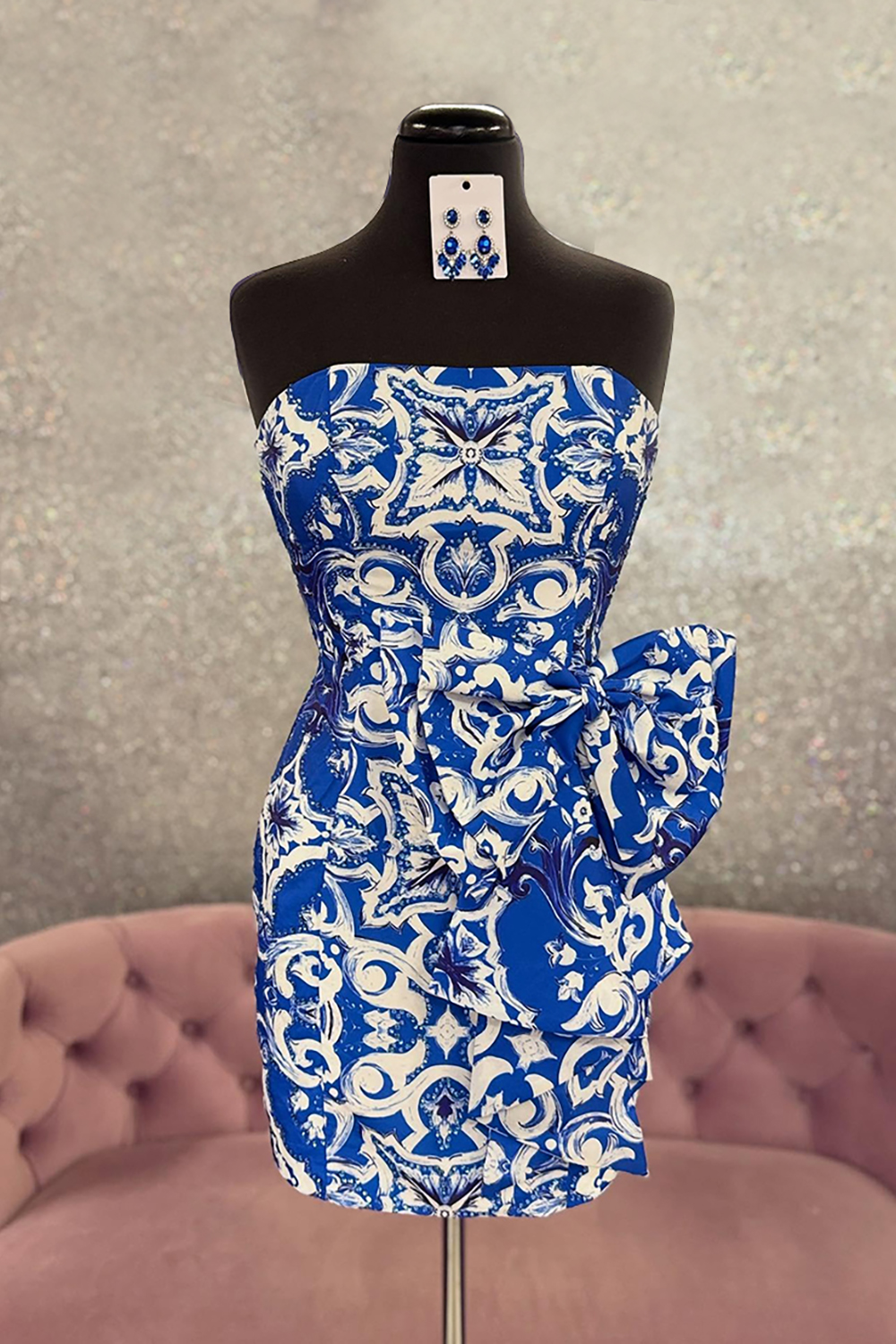 Blue Printed Tight Strapless Short Homecoming Dress with Bow