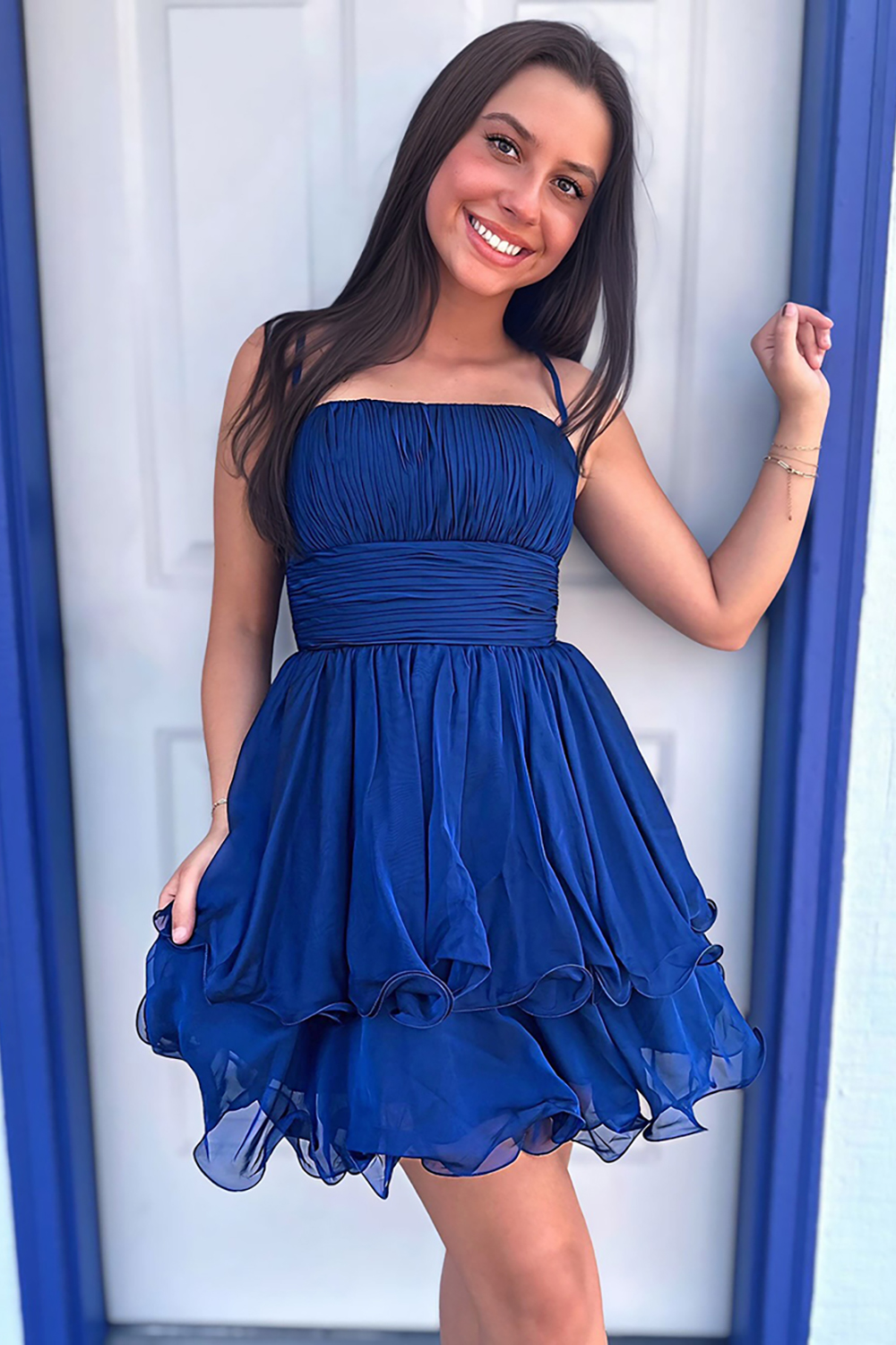 Navy A Line Spaghetti Straps Short Homecoming Dress with Ruffles