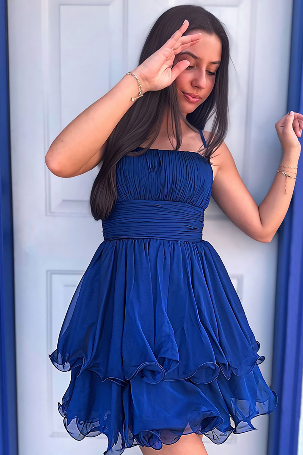 Navy A Line Spaghetti Straps Short Homecoming Dress with Ruffles