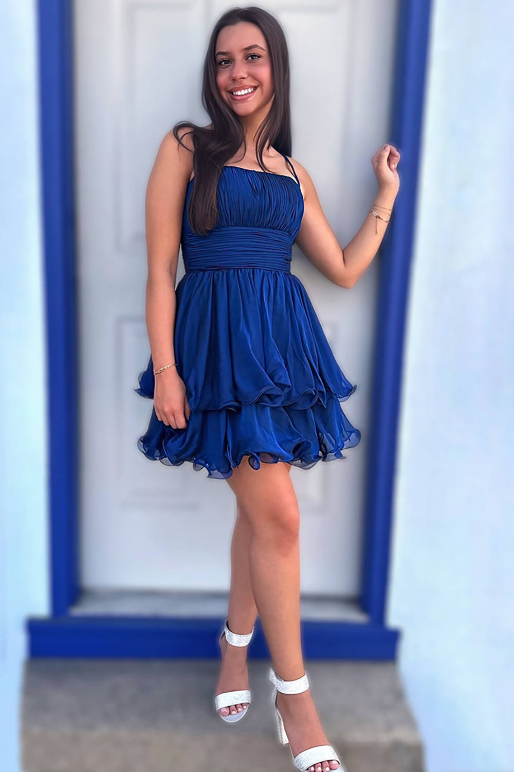 Navy A Line Spaghetti Straps Short Homecoming Dress with Ruffles