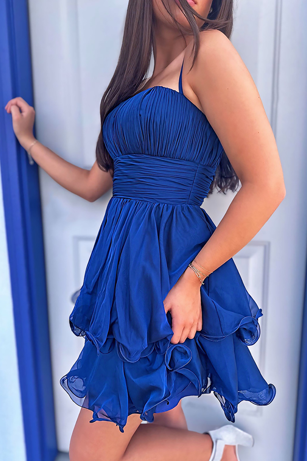 Navy A Line Spaghetti Straps Short Homecoming Dress with Ruffles