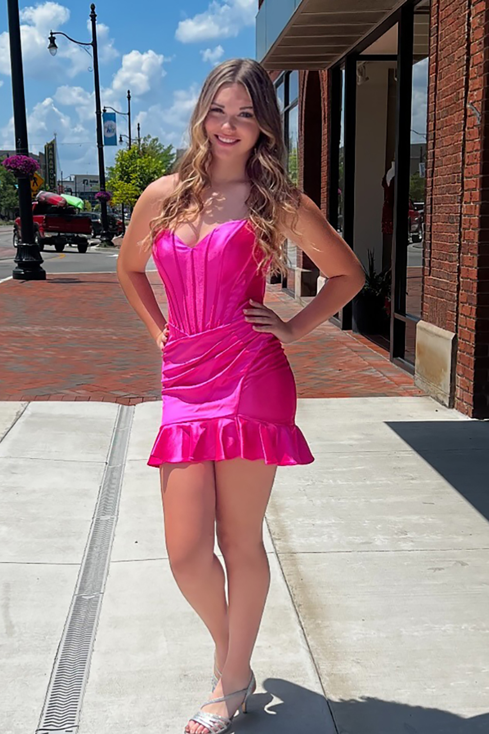 Fuchsia Sweetheart Satin Short Corset Homecoming Dress with Ruffles