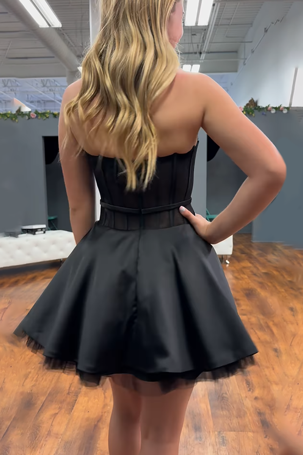 Black Floral Strapless A Line Short Corset Homecoming Dress