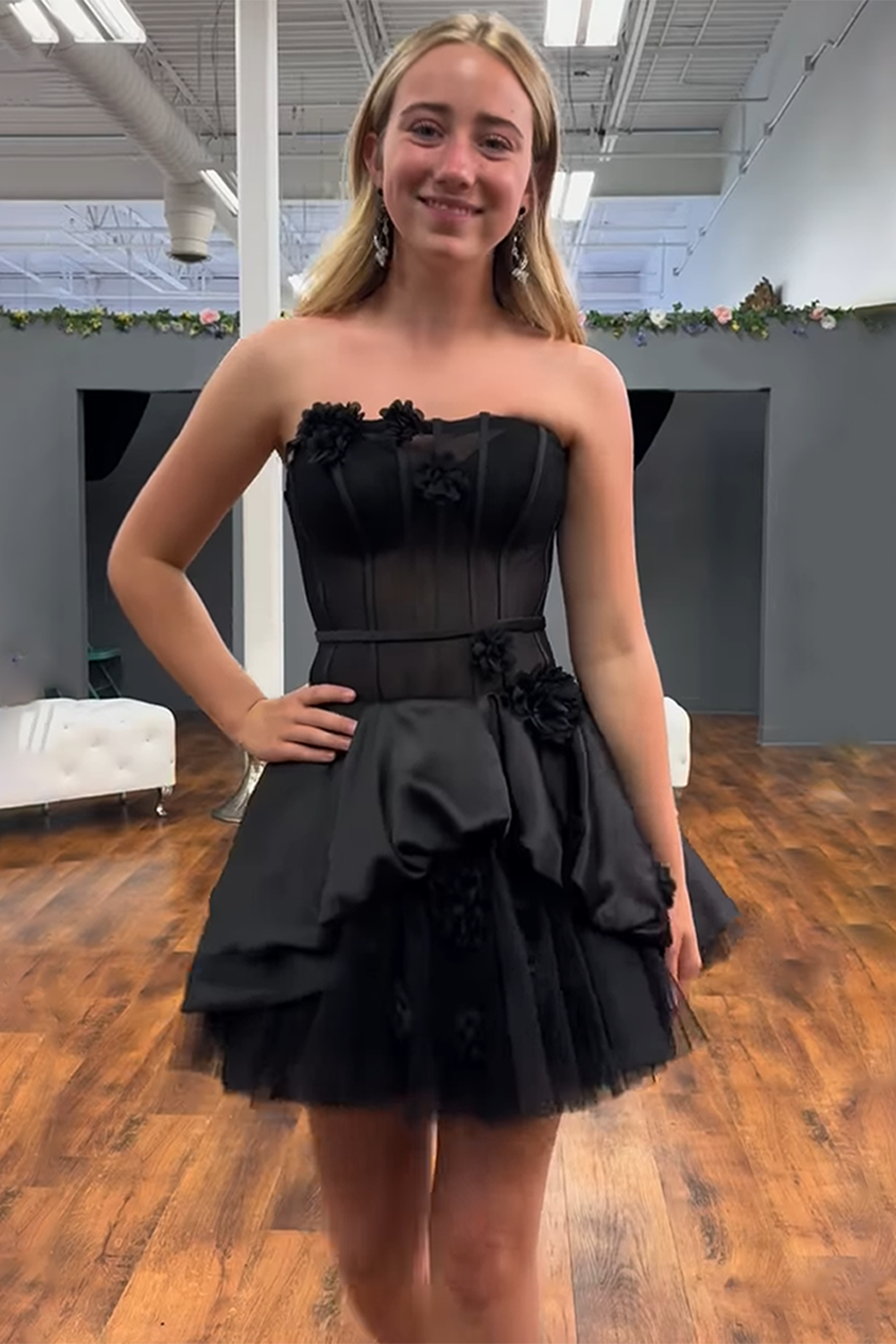 Black Floral Strapless A Line Short Corset Homecoming Dress