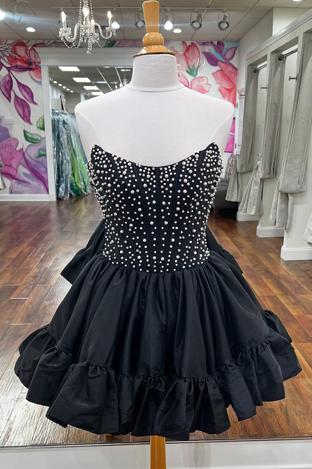 Pink Satin Strapless Ruffled Short Corset Homecoming Dress with Pearls