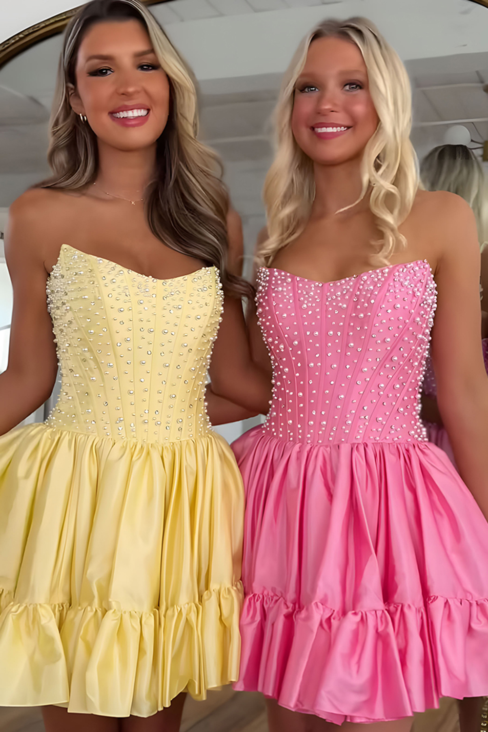 Pink Satin Strapless Ruffled Short Corset Homecoming Dress with Pearls