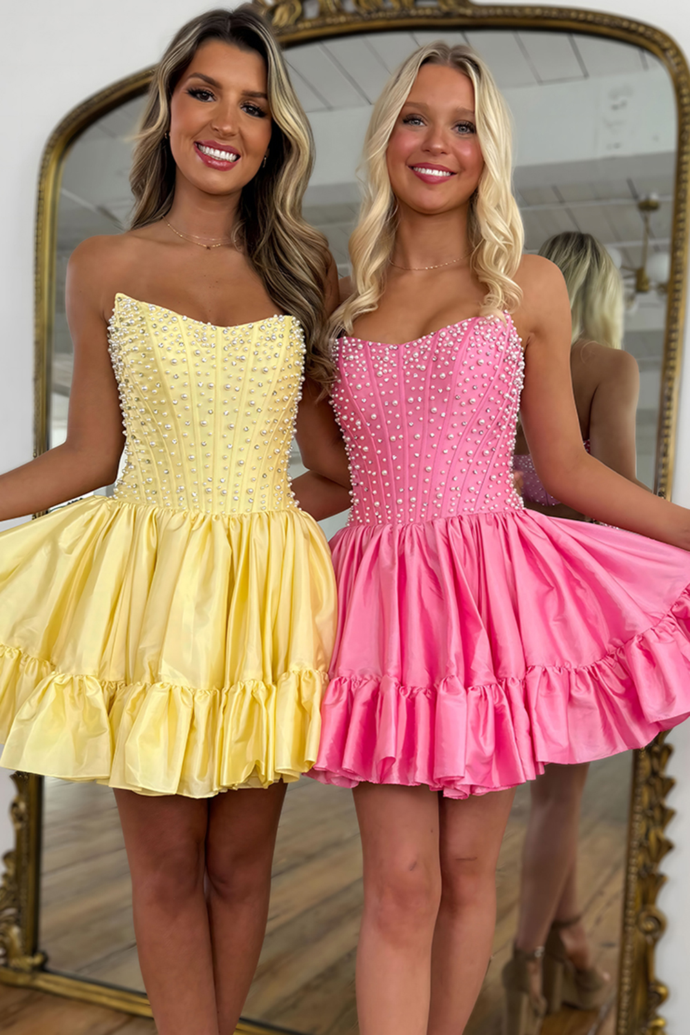 Pink Satin Strapless Ruffled Short Corset Homecoming Dress with Pearls