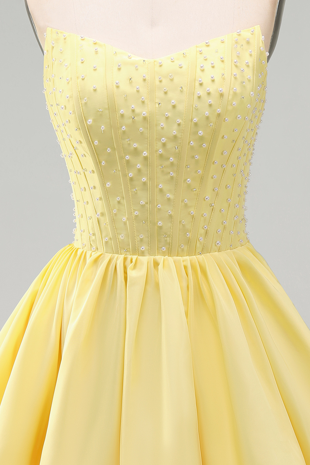 Sparkly Light Blue Satin Strapless Ruffled Short Corset Homecoming Dress with Pearls