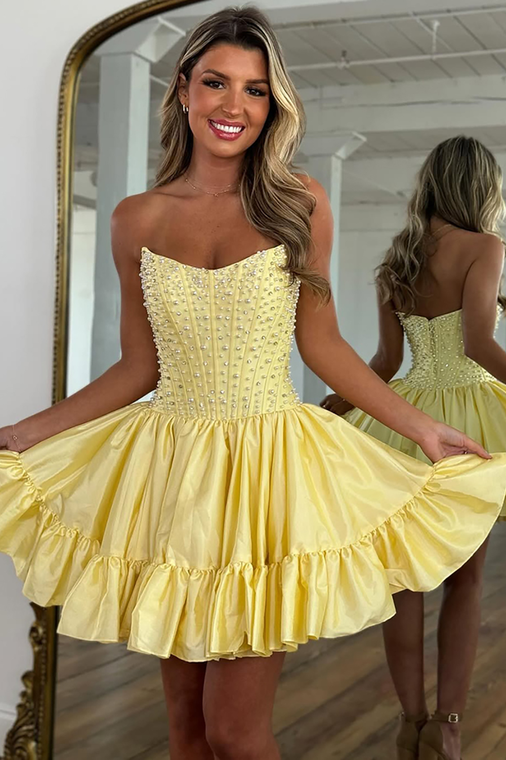 Pink Satin Strapless Ruffled Short Corset Homecoming Dress with Pearls