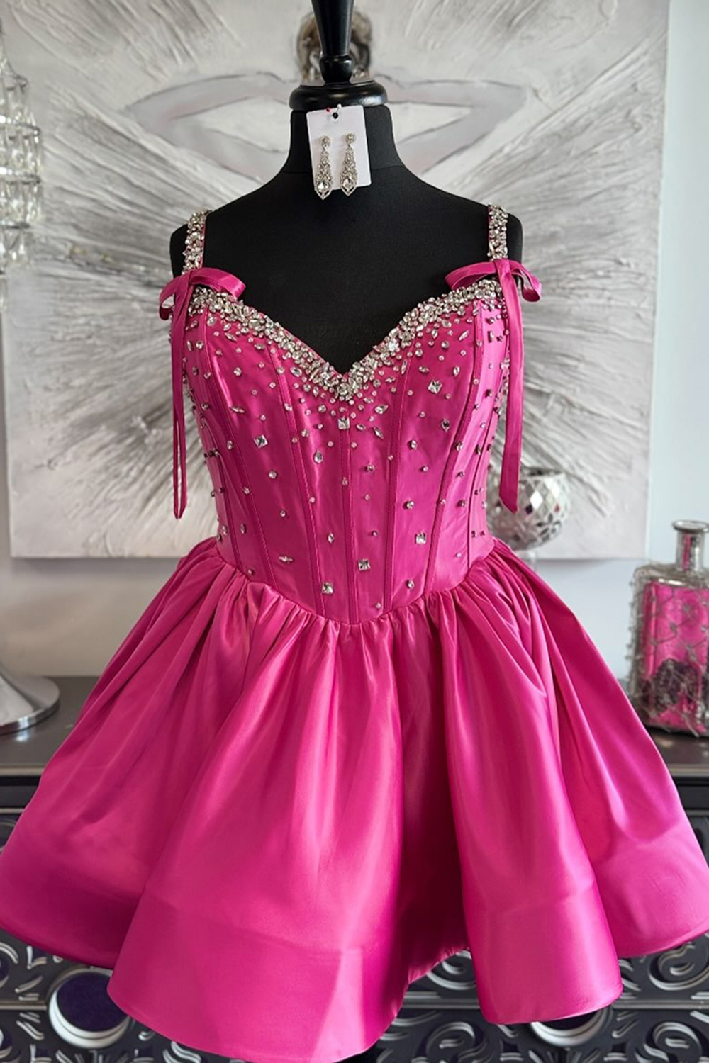 Sparkly Black Satin Short Corset Homecoming Dress with Rhinestones