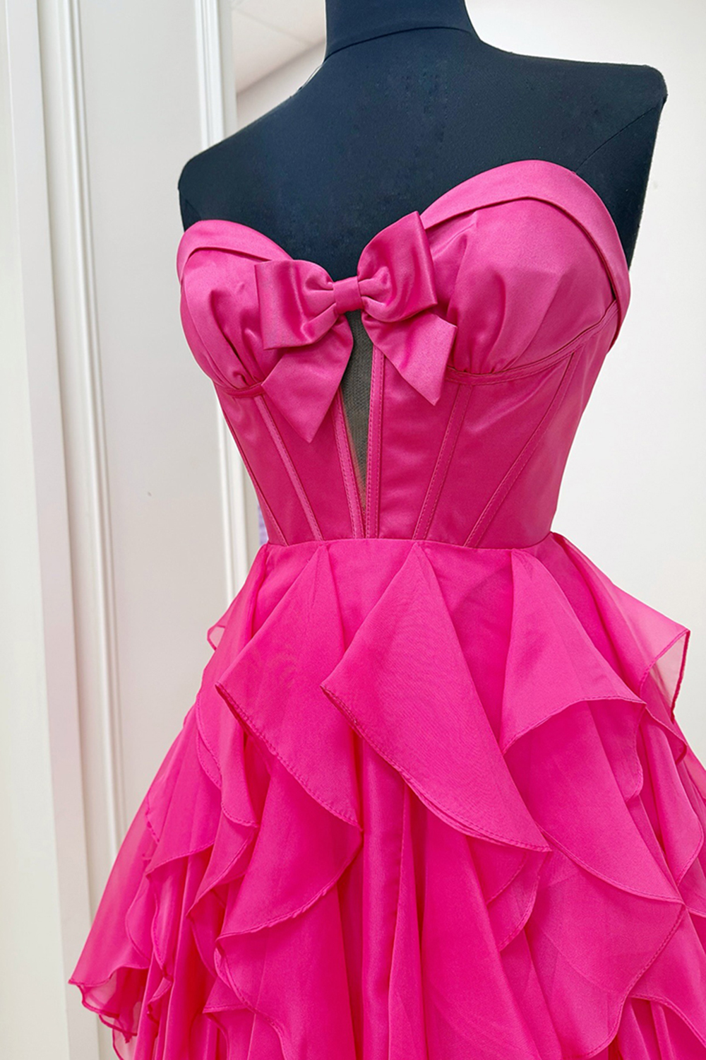 Fuchsia A Line Ruffled Short Corset Homecoming Dress with Bow