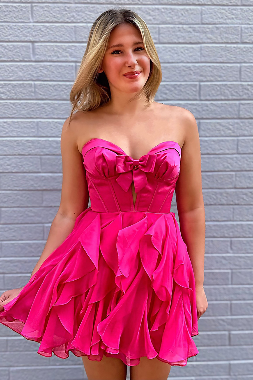 Fuchsia A Line Ruffled Short Corset Homecoming Dress with Bow
