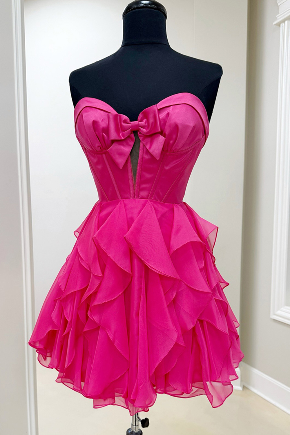 Fuchsia A Line Ruffled Short Corset Homecoming Dress with Bow
