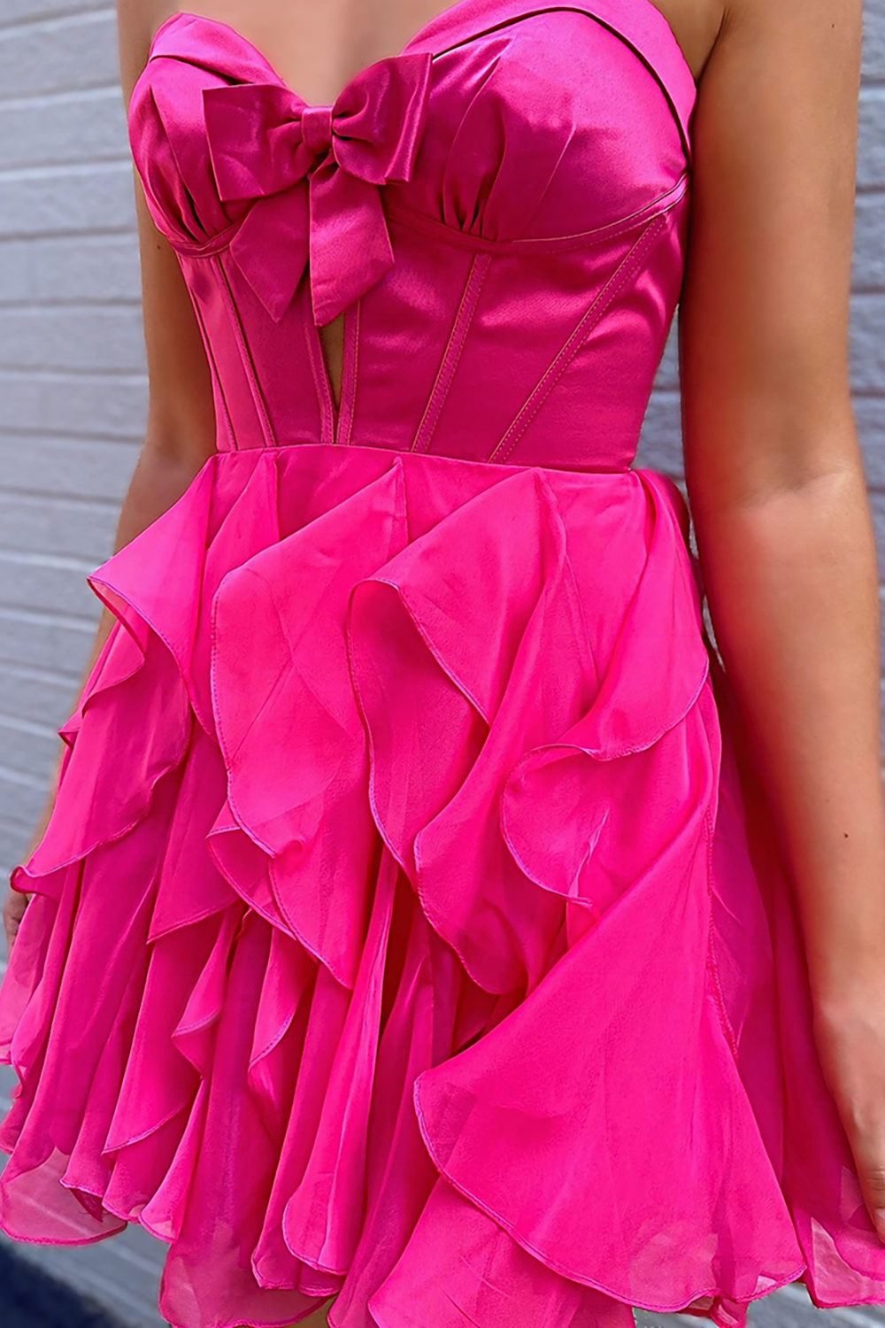 Fuchsia A Line Ruffled Short Corset Homecoming Dress with Bow