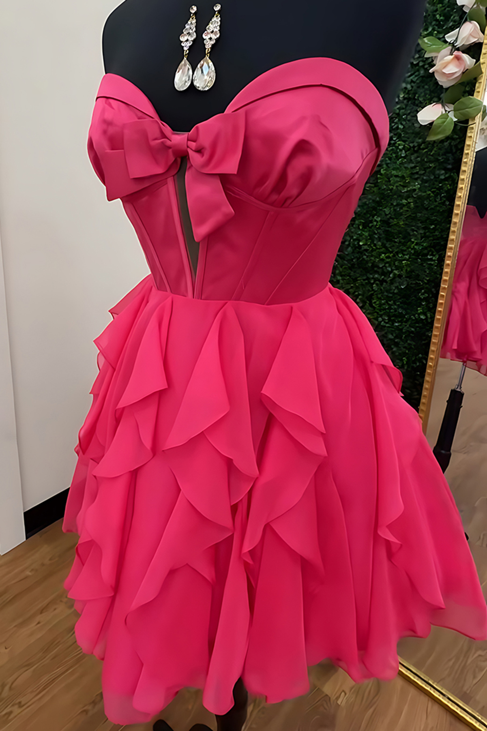 Fuchsia A Line Ruffled Short Corset Homecoming Dress with Bow