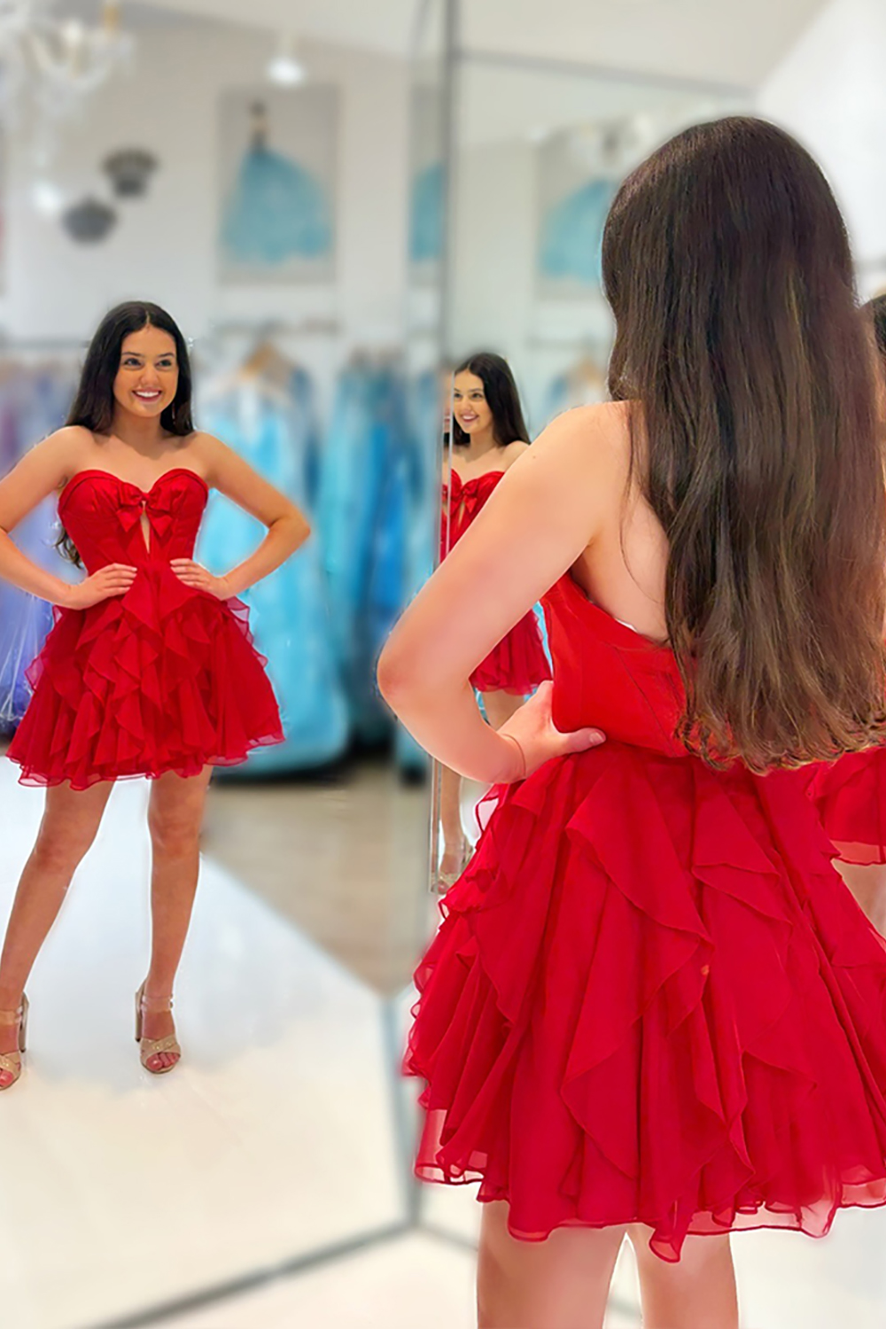 Fuchsia A Line Ruffled Short Corset Homecoming Dress with Bow