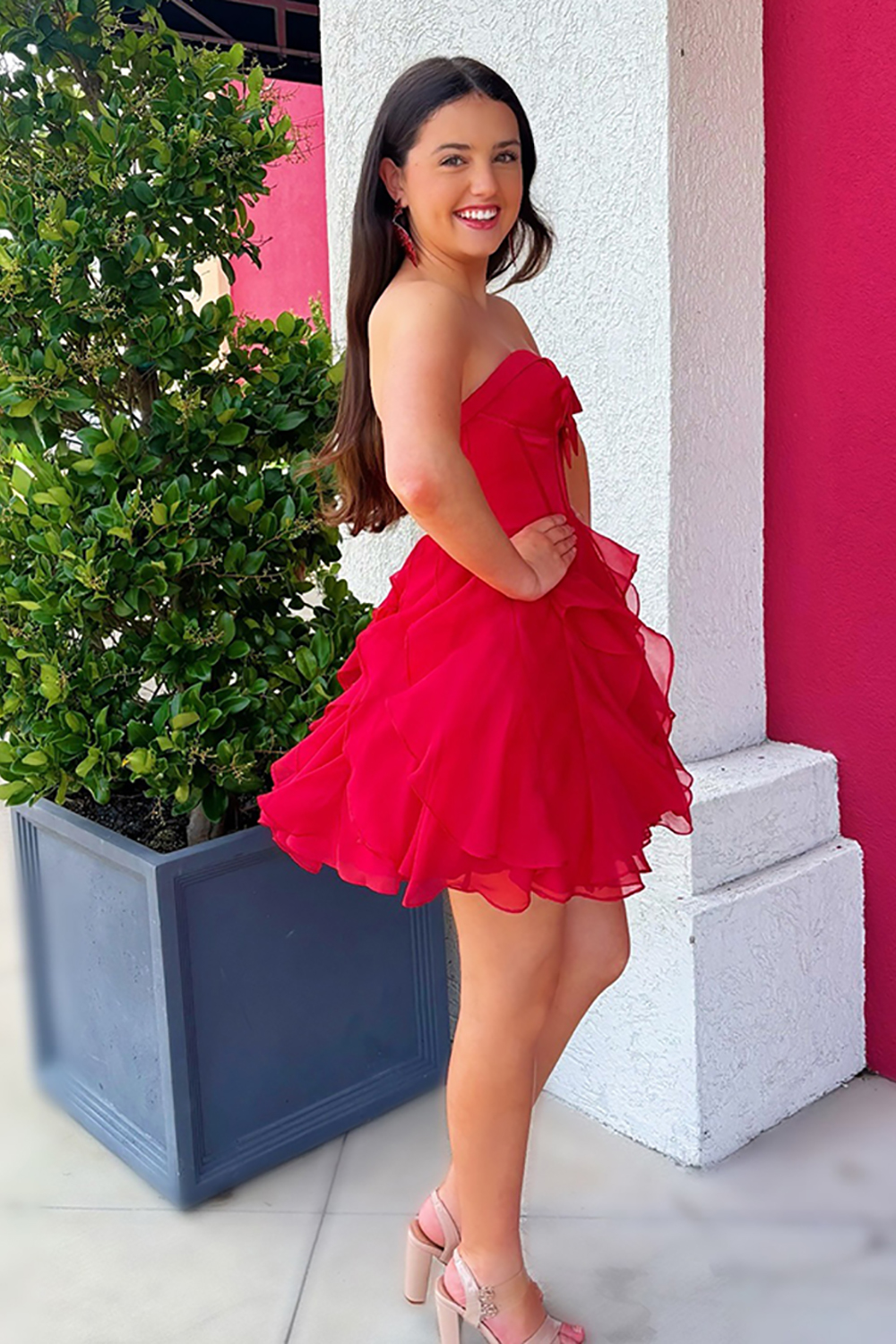 Fuchsia A Line Ruffled Short Corset Homecoming Dress with Bow