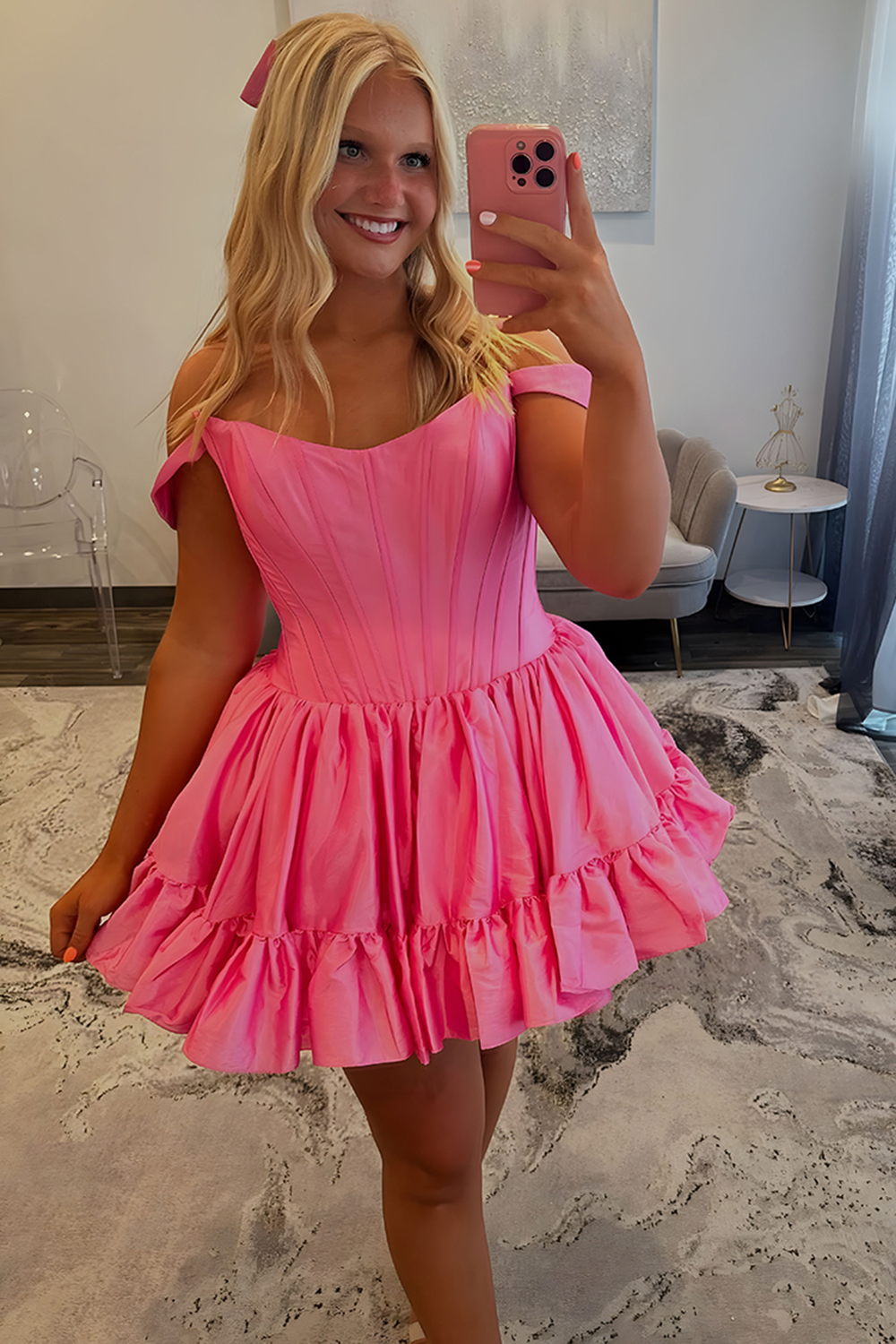 Emerald Green Off the Shoulder Satin Short Corset Homecoming Dress with Ruffles